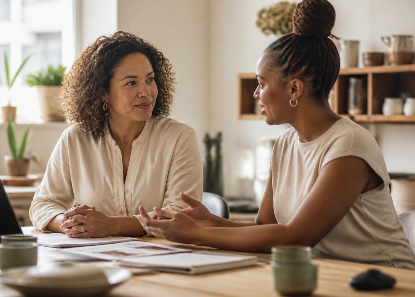Two South African women entrepreneurs of different backgrounds in conversation in a sunlit workspace